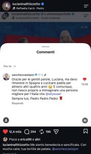 screenshot del commento di Pedro Sanchéz sotto al reel instagrama pubblicato da Luciana Littizzetto della sua letterina all'ex premier spagnolo