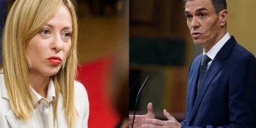 Giorgia Meloni e Pedro Sánchez in una foto fronte-retro si guardano.