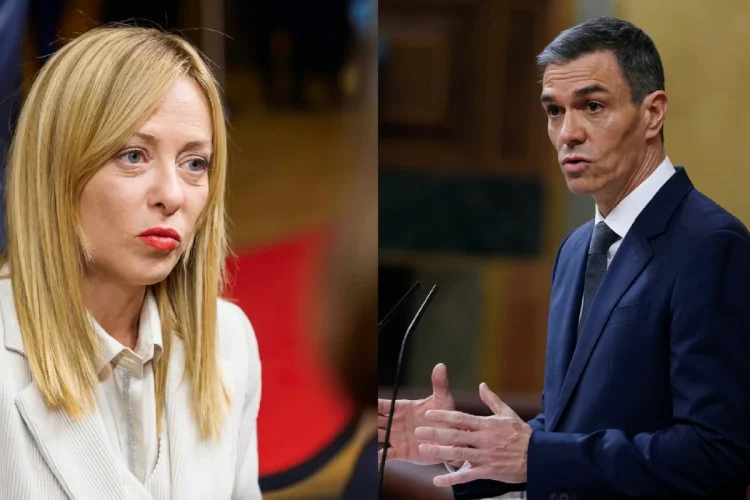 Giorgia Meloni e Pedro Sánchez in una foto fronte-retro si guardano.