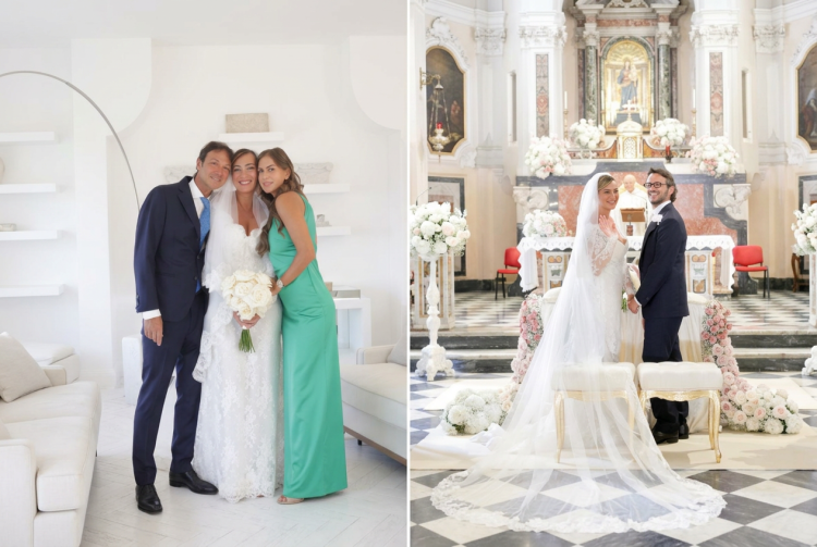 Sposi e invitata sorridono, sposi in chiesa durante la cerimonia nuziale. Ida Di Filippo, le nozze in Costiera Sorrentina diventano uno speciale su Real Time